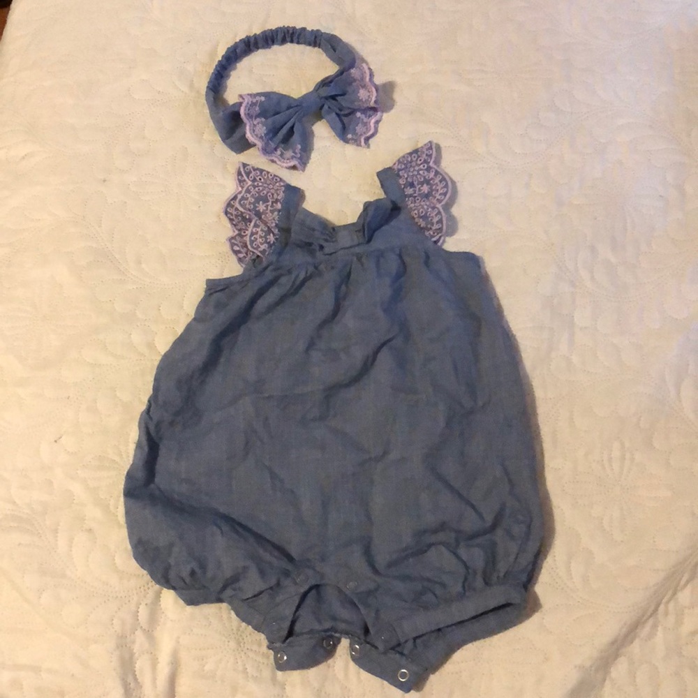 Baby denim romper w/ matching bow